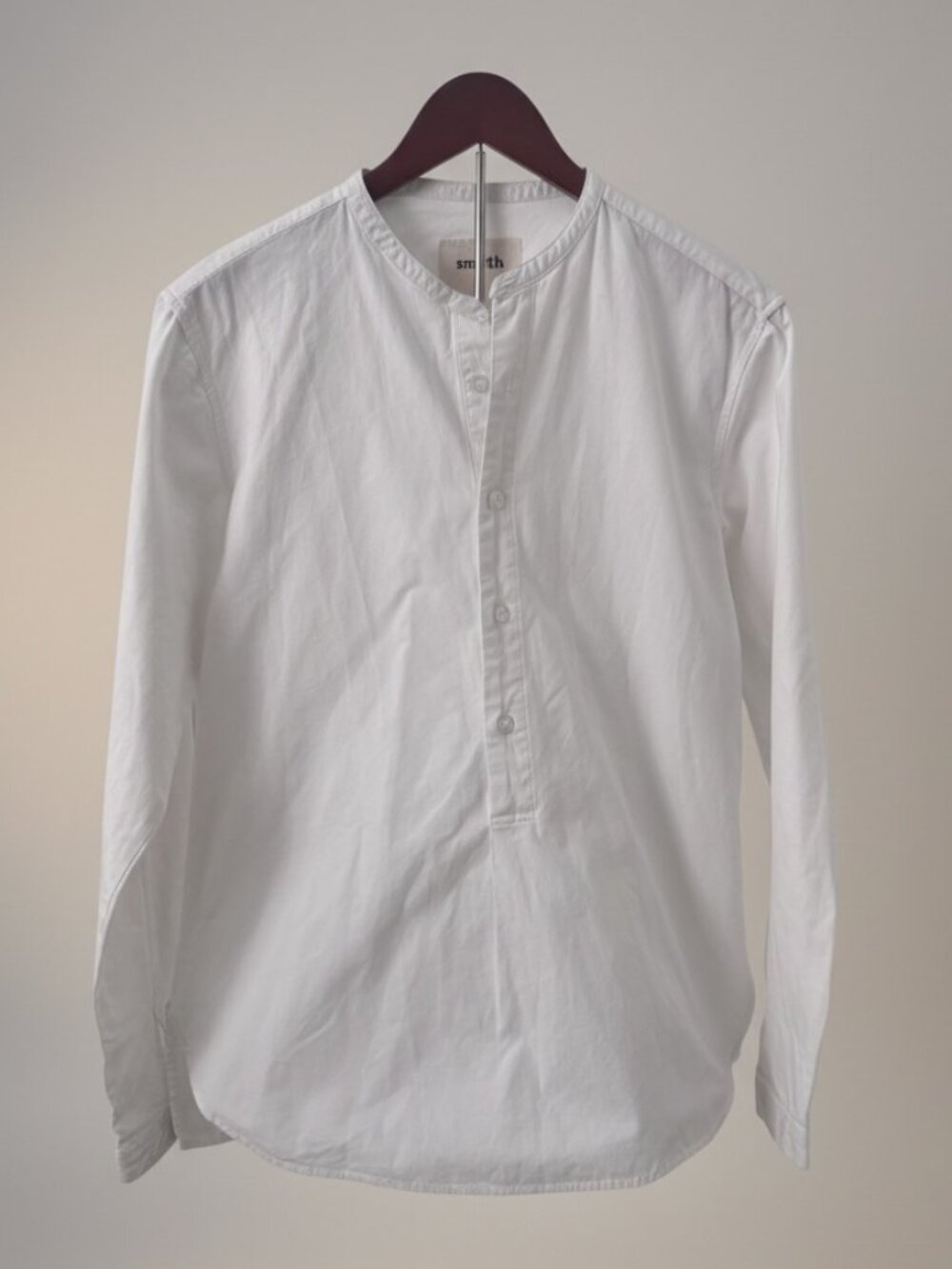 Smyth White 100% Cotton Band Collar Shirt – Minimalist Long Sleeve Top – Size M